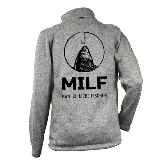 Angler Strickfleece Jacke "MILF - Man ich liebe Fischen" Grau - aqua-wave.de